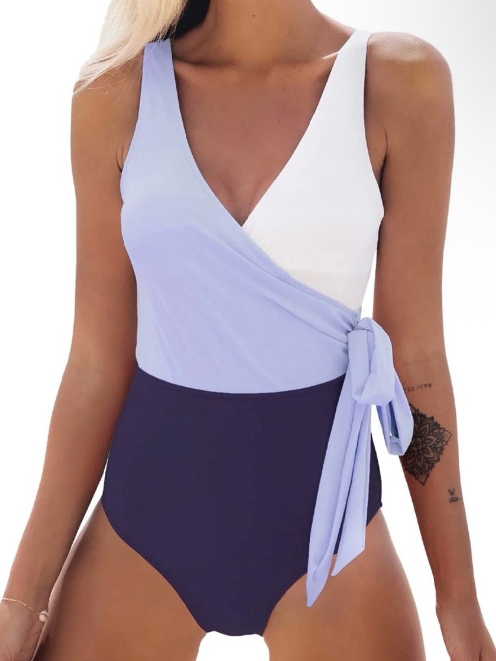 Colorblock One Piece Swimsuit 4XL Wrap Tie Lilac Navy Adjustable Fit